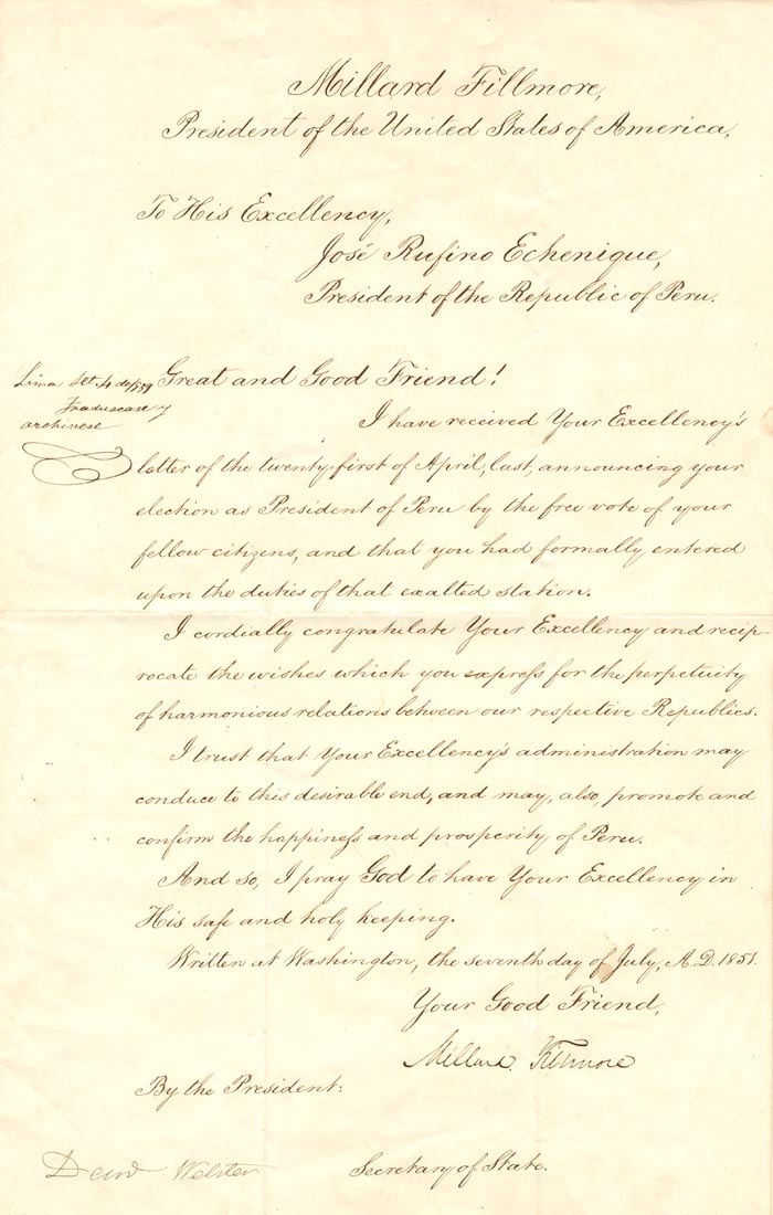 Congratulatory letty signed by Millard Fillmore